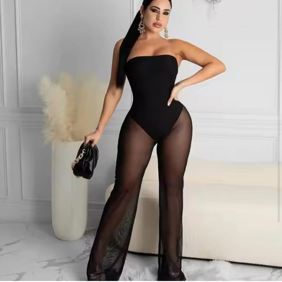 Pants - Black Mesh Jumpsuit Strapless Sheer Bodysuit Clubwear Y2K Streetwear Baddie